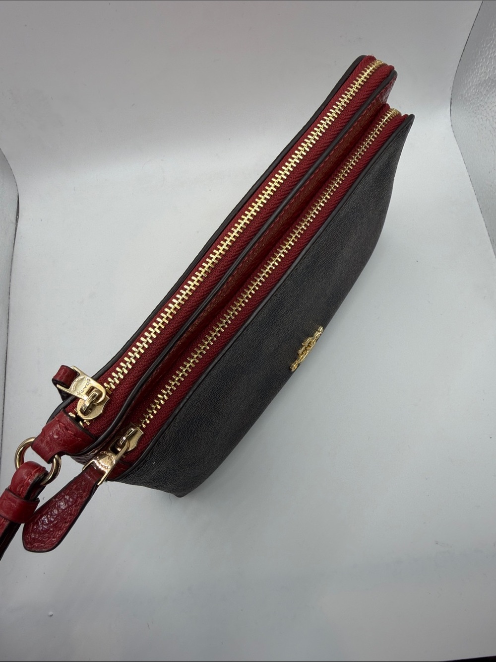 Coach Brown Signature Canvas Wristlet with Red Trim - Picture 5 of 8